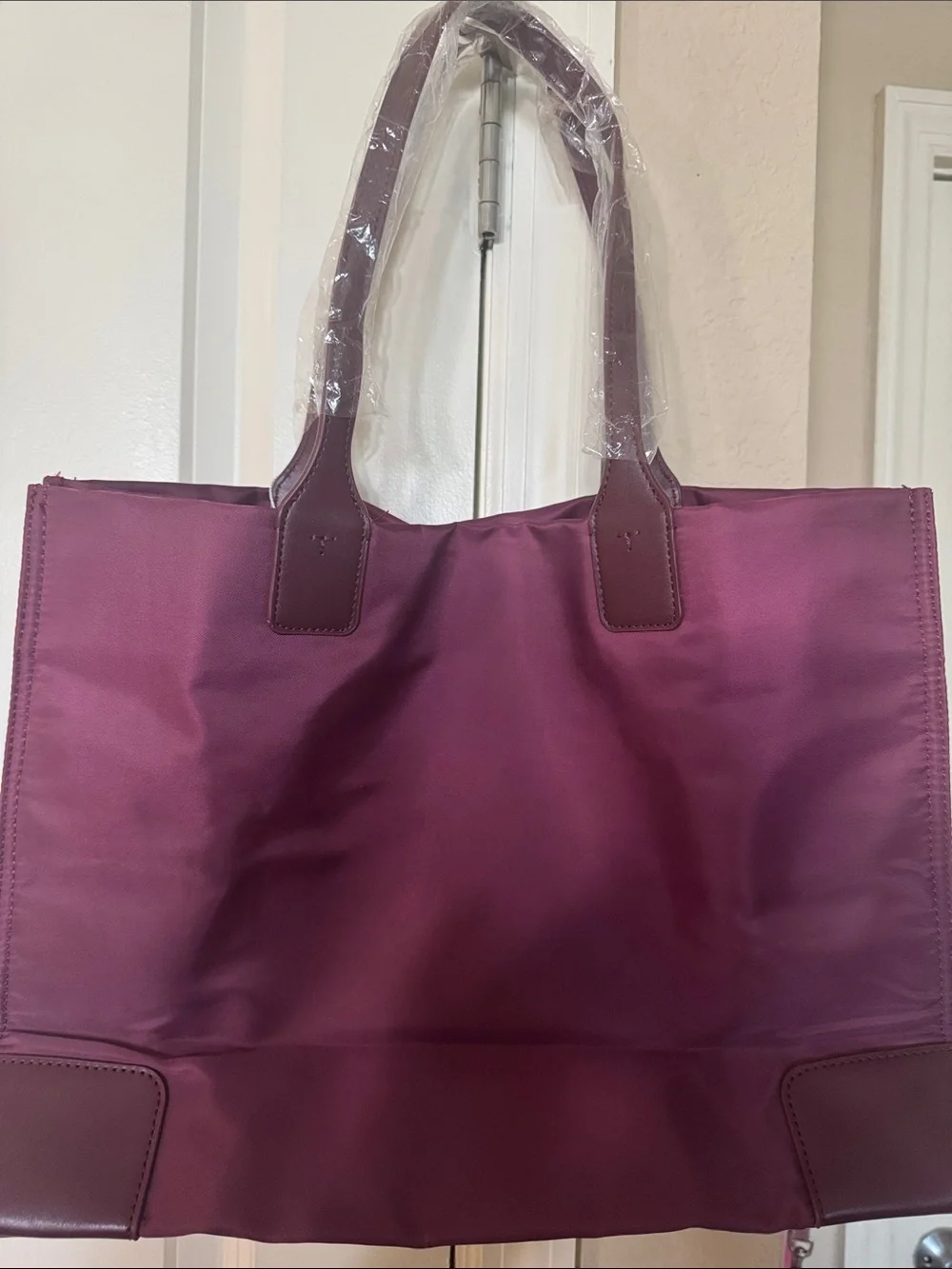 TB Plum Nylon Tote with Leather Trim - Picture 4 of 4
